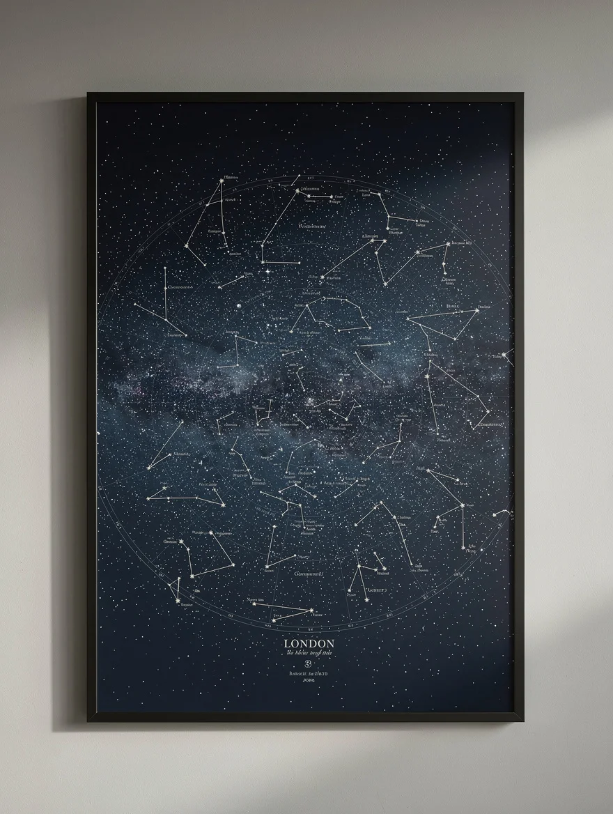 A star map of the exact sky above London on the night she was born — her name, the date, and every constellation printed in soft silver on deep midnight blue